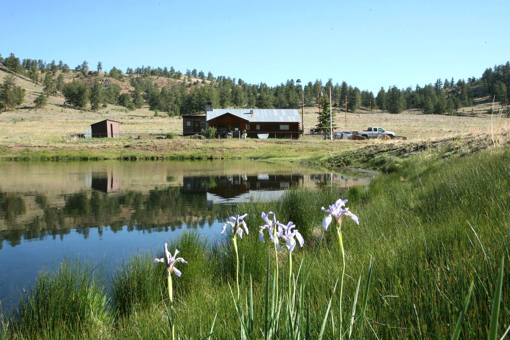 Historic Barn by lake with flowers at 31 Mile Ranch near Royal Gorge, Colorado