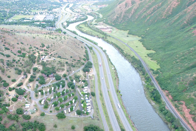 Aerial view of Amis Acres Campground near Glenwood Springs, Colorado
