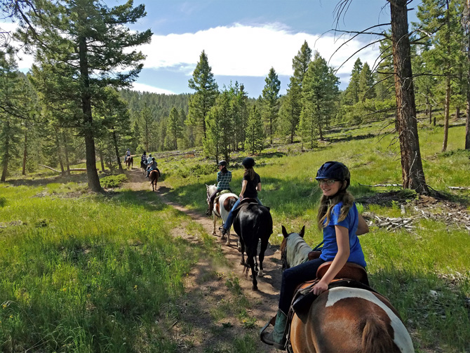 Horseback Riders on a mountain setting guided tour with Bear Mountain Stables in Conifer, Colorado. Small tours have up to 6 riders.