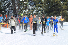 Group of snowshoers at the Chama Chile Ski Classic Snowshoe Race in Chama, New Mexico.