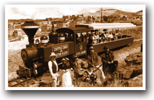 Old time photo of the Cripple Creek and Victor Narrow Gauge Railroad in Colorado