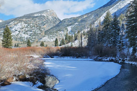 View of the Crystal River during the winter winding past Marble and Redstone, Colorado.