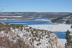 McPhee Reservoir in the winter time with patches of snow near Dolores, Colorado