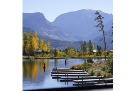 View of boat docks in the fall at Grand Lake, Colorado