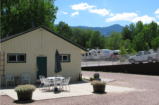 Office at Goldfield RV Park and Camper Cabins on beautiful day near Garden of the Gods Colorado Springs, Colorado