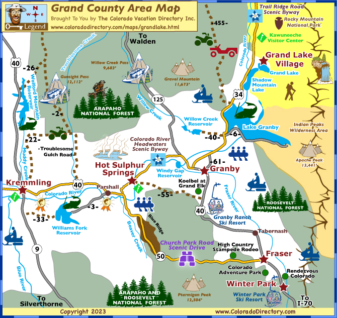 Grand County Area Map, Recreational Activities, Scenic Byways and Drives, Colorado.
