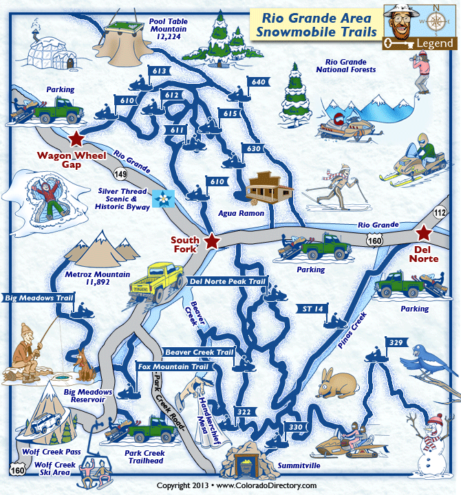 South Fork, Del Norte, Wagon Wheel Gap, Rio Grande Area Snowmobile trail map