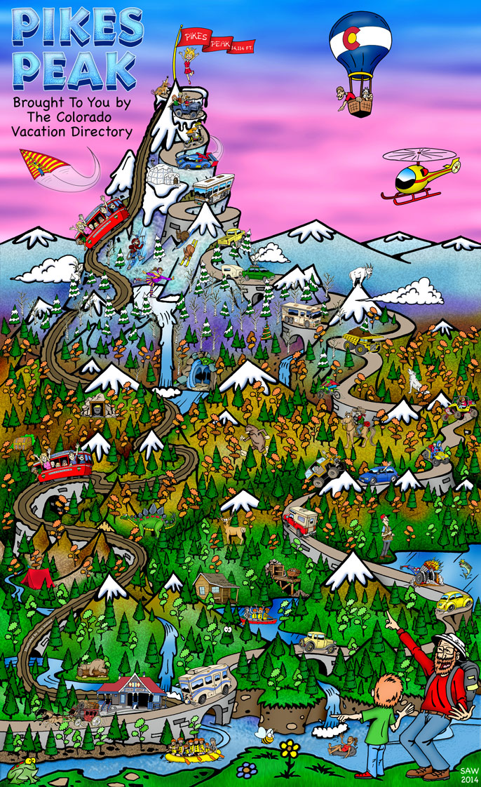 Fun cartoon of Pikes Peak Colorado by Sam Wallace for the Colorado Vacation Directory
