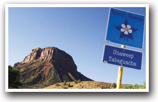 Unaweep Tabeguache Scenic Byway highway sign, Colorado