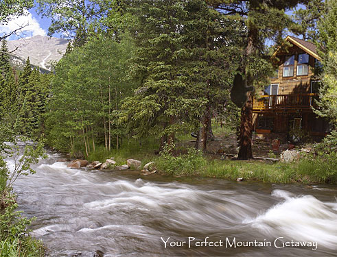 River and mountains near Pinebrook Vacation Rentals in Allenspark and Estes Park, Colorado. Vacation near Rocky Mountain National Park in secluded Cabins and Vacation Homes.