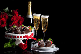 Romance package with roses, chocolate covered strawberries, and champagne or sparkling cider at Pikes Peak Guest Cabin at Rocky Mountain Lodge in Cascade, Colorado.