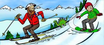 Colorado downhill skiing, snow boarding and winter activities illustration