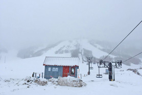 Heavy snow fall and ski shack at Hesperus Ski Area near Durango, Colorado.