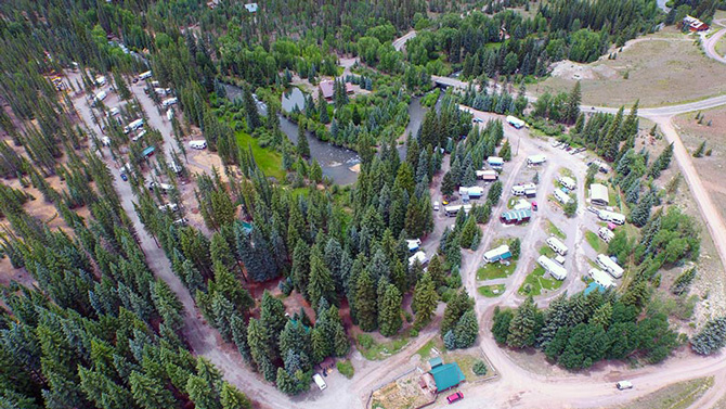 Aerial Picture looking down on Woodlake Park Campground and Cabins near Lake City, Colorado