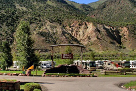 Entrance sign of Aunt Sara's River Dance RV Resort and Campground in Gypsum, Colorado near Vail.
