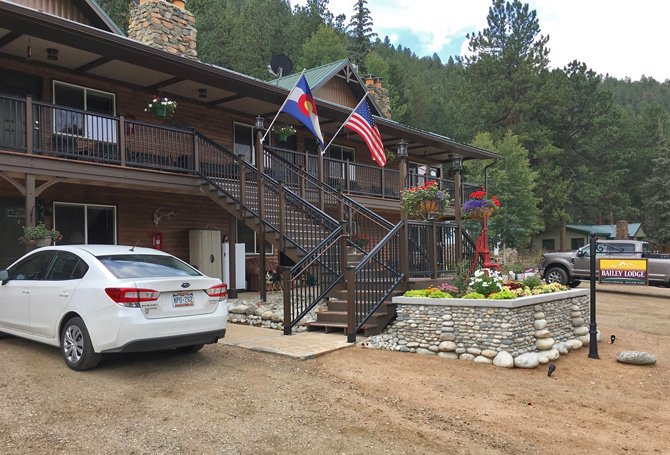 Front view of Bailey Lodge near Bailey, Colorado. Excellent fly-fishing, lodging along Colorado's Fabled South Platte River, and Family Suites with views.
