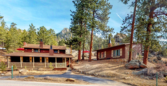 View of cabins 7 through 10 at Blackhawk Cabins in Estes Park, Colorado. The only log cabins in Estes Park with woodburning fireplaces, lofts, riverside hot tub, pine interior, full kitchens, and cable TV.