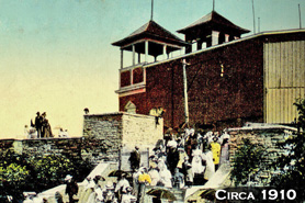 Vintage photo from 1910 with crowd on steps outside of Chautauqua Auditorium in Boulder, Colorado