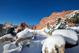 Wintertime at the Garden of the Gods Recreation Area with rock formations capped in snow. Photo Credit: Colorado Springs CVB, Convention and Visitors Bureau