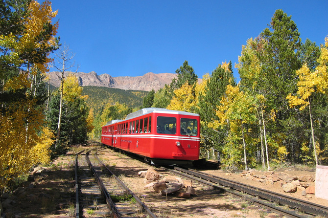Beautiful train ride on the Pikes Peak Cog Railway with trees changing to fall colors in Colorado Springs, Colorado. Photo Credit: Colorado Springs CVB, Convention and Visitors Bureau