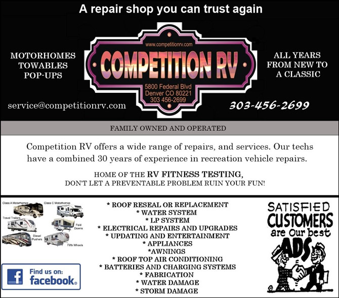 Competition RV's list of services offered. Located in Denver, Colorado