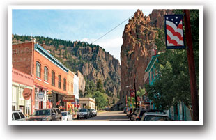 Historic downtown of Creede, Colorado with Canyon in the background