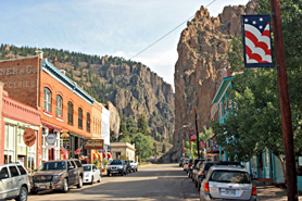 Historic downtown of Creede, Colorado with Canyon in the background
