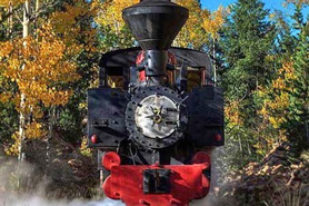 Front of Steam Locomotive Train at Cripple Creek and Victor Narrow Gauge Railroad in Cripple Creek, Colorado.