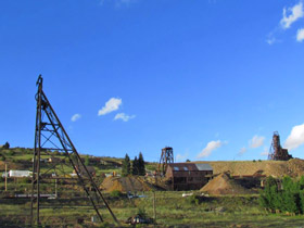 Sturdy Headframes stand watch over Victor's hills in the mining town of Victor, Colorado.