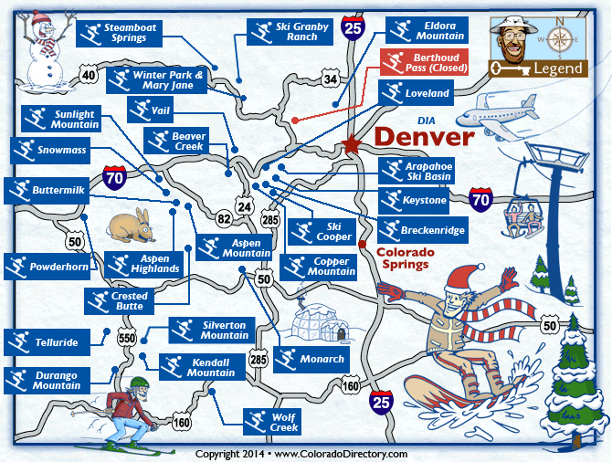 Colorado Skiing Snowboarding Resort Map Co Vacation Directory