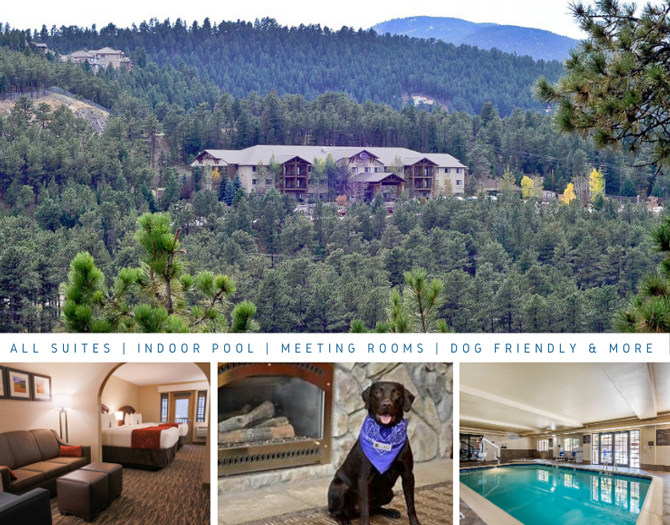 Photo collage of Comfort Suites Golden West in Evergreen, Colorado. Family Friendly All-Suites Hotel, Indoor Swimming Pool, Dog Friendly, Meeting Room, Outdoor Activities, Skiing, Historic Landmarks, Breweries, Museums.
