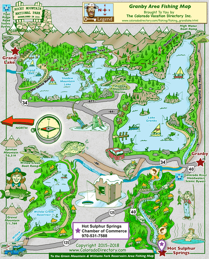 Grand Lake Area Fishing Map, Shadow Mountain Lake, Lake Granby, Willow Creek Reservoir, Colorado