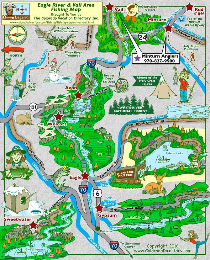 Fishing map for the Eagle River and Vail area including Gore Creek, Cross Creek, Homestake Creek, Minturn, Piney Creek, Avon, Avon, Wolcott, Eagle, Brush Creek, Harry A Nottingham Park, Freedom Park, Old Gravel Pit Ponds, Sweetwater Lake, Colorado River, Gypsum, Gypsum Creek, Sylvan Lake, in Colorado