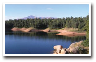 Rampart Reservoir with Pikes Peak in the Background in Colorado