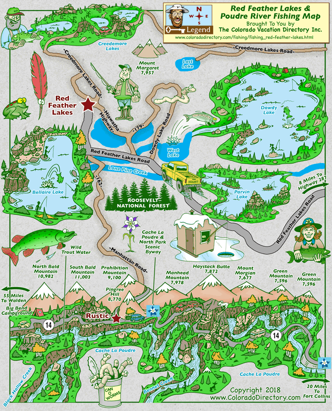Fishing map for the Red Feather Lakes and Poudre River, Colorado