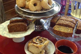 Coffee, cinnamon rolls, fresh baked home made breads, and doughnuts at the Bunkhouse General Store and Cafe at Fowler RV Park in Fowler, Colorado.