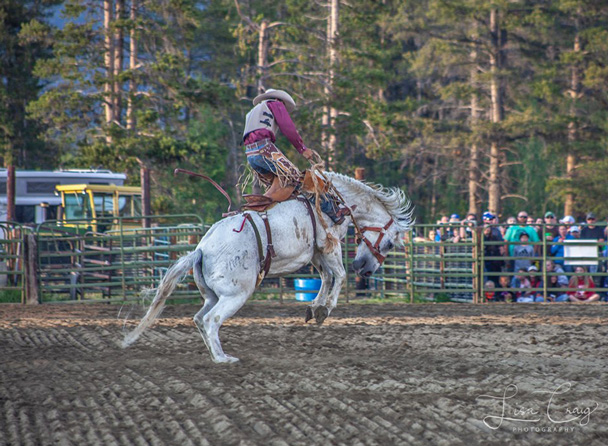 A bull rider at the High Country Stampede Rodeo in Winter Park, Colorado. Everyone has fun. The high country stampede rodeo Saturday nights. July through mid-August.