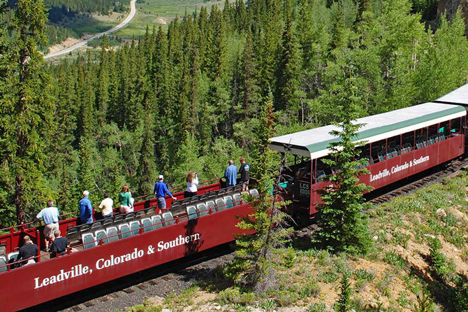 Front of the Leadville Colorado and Southern Railroad train near Leadville and Twin Lakes area in Colorado. Sightseeing Train Trip above Leadville. 2-1/2 Hours of History and Fun. Journey into the Untamed Wilderness.