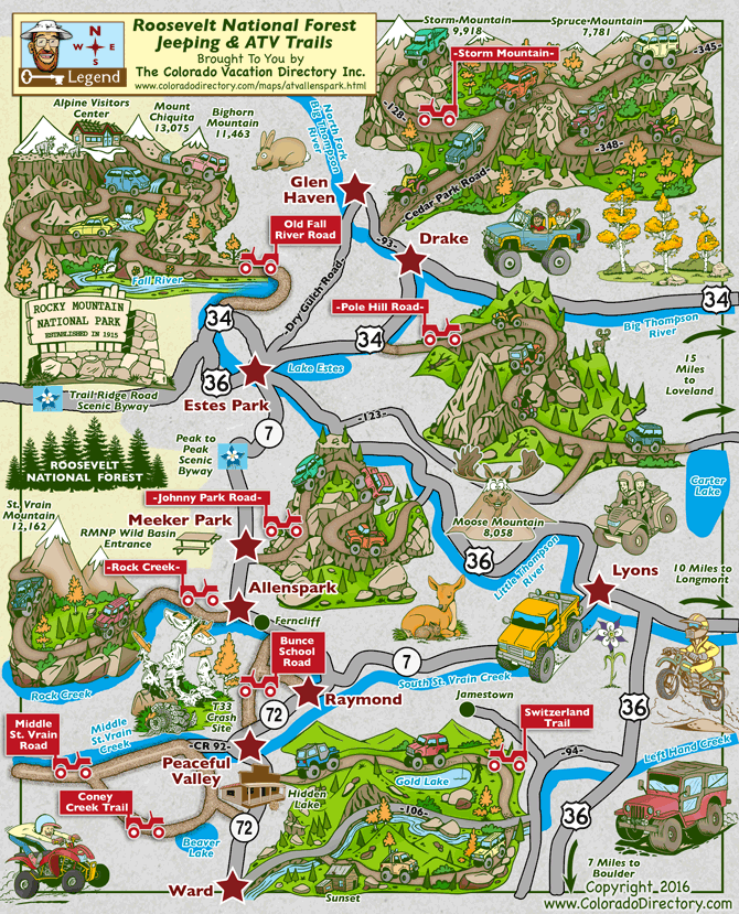 ATV/UTV and jeeping map for the Roosevelt National Forest, Estes Park, Glen Haven, Drake, Meeker Park, Raymond, Lyons, Peaceful Valley, Ward trails in Colorado