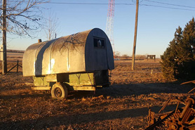 Historic wagon used for lodging by sheep herders at Big Timbers Museum in Lamar, Colorado.