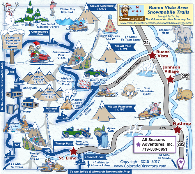 Buena Vista Colorado Snowmobile Map, Johnson Village, Nathrop, St. Elmo, Tin Cup, Colorado Vacation Directory