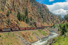 Train traveling along the Colorado River Headwaters Scenic Byway, Colorado