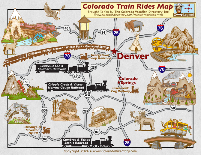 Map of Train Rides and Railroads in Colorado.