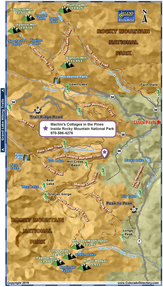 Estes Park and Rocky Mountain National Park Hiking Trails Map, Colorado
