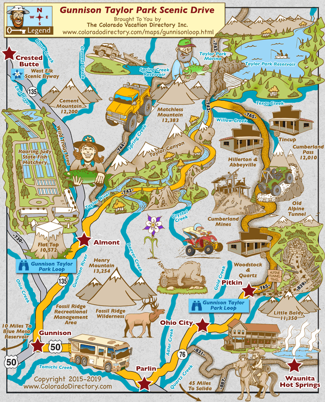 Gunnison Taylor Park Loop Scenic Drive Map, Almont, Gunnison, Crested Butte, Ohio City, Waunita Hot Springs, Colorado