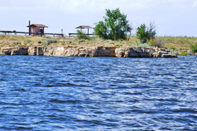 View of the shoreline from the water at John Martin Reservoir State Park, Colorado.