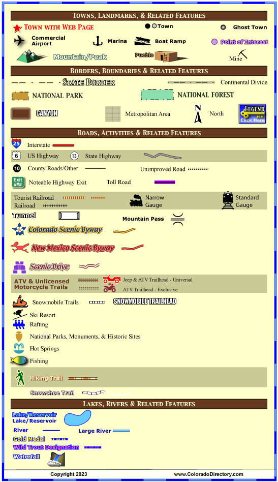 Legend of Map Symbols, Colorado Vacation Directory