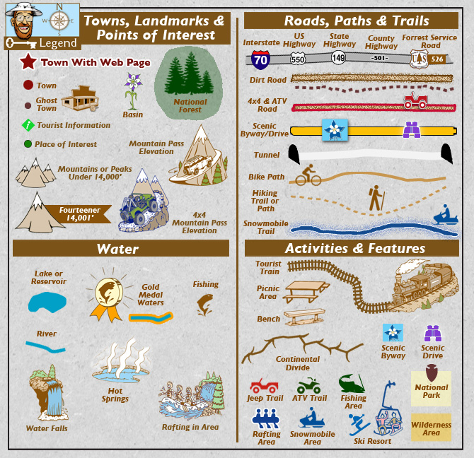 Legend of Map Symbols, Colorado Vacation Directory