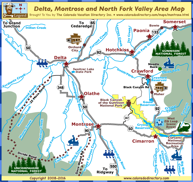 Delta, Montrose and North Fork Valley Area Map including Somerset, Paonia, Hotchkiss, Crawford, Olathe and Cimarron, Colorado