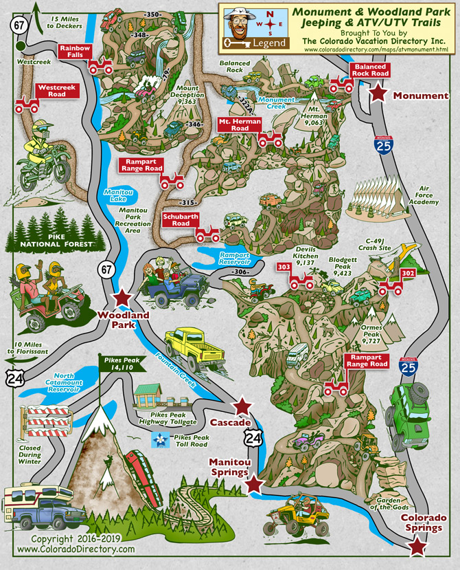 Jeeping and ATV/UTV trail and road map for the Monument, Woodland Park, Cascade, Manitou Springs and Colorado Springs, Colorado
